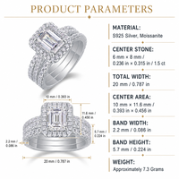 Bague en Moissanite Argent S925 Coupée Émeraude 1,5 Carat avec Halo Pavé, Ensemble de Trois Pièces Empilables pour Mariage et Fiançailles