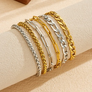 Fashion Chain <b>Bracelet</b> <b>Set</b> Gold Plated Stainless Steel Unisex Geometric Design Jewelry - Product Image 3