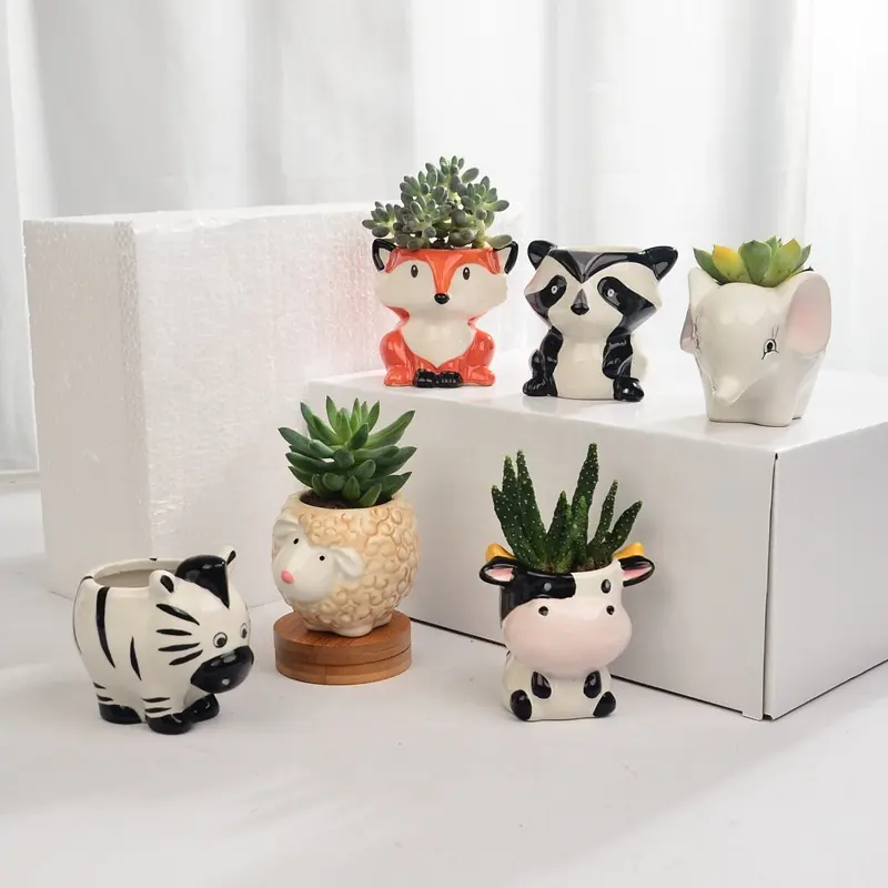 Mini conjunto de vasos para plantas, conjunto de plantador de animais fofos de coruja, raposa, suculentas de cerâmica para decoração