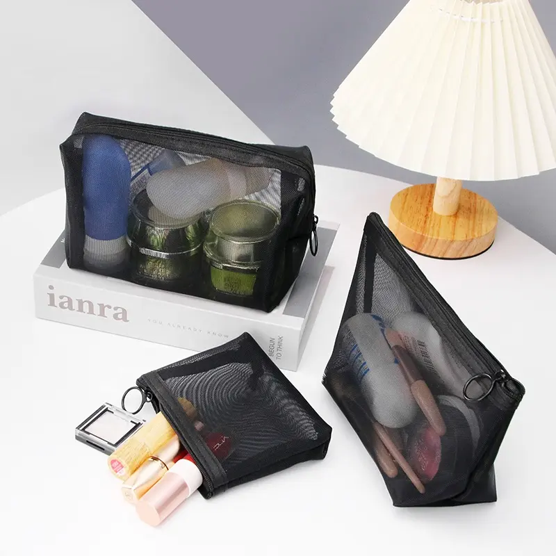 Diskon besar grosir tas penyimpan Lipstik musim panas kantung makeup kustom portabel tas jaring Kosmetik travel organizer ringan