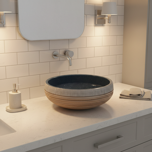 Современная керамическая раковина ручной работы сине-белого цвета с легкочистящейся чашей с деревянной гравировкой для столешницы в ванной комнате - Product Image 1