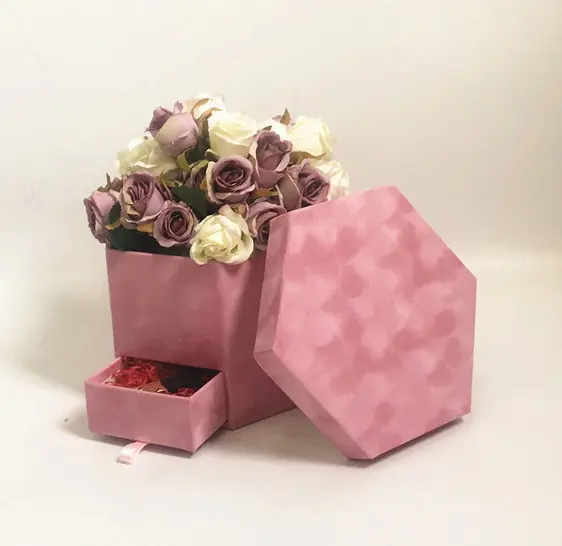 Großhandel Luxus Hexagon einfache Rose Arrangement Bouquet Pappe Samt Papier Geschenk paket Blüte Blüte Blumen kasten mit Schublade