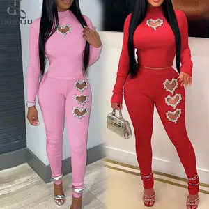 Women Fall Long Sleeve Tops + Cargo Pant Wholesale Rhinestone Heart-shaped Cutout Two Piece Set Outfits