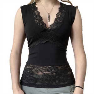 Top corto sexy de encaje con cuello en V para mujer, estilo europeo-americano, ajustado, negro, elegante, informal, para fiesta, noche, con apliques. - Product Image 3