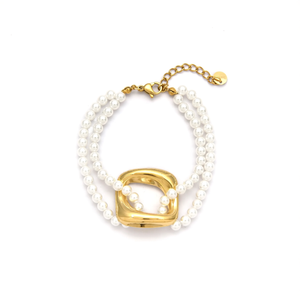 Pulsera de perlas de doble hilera, chapada en oro, de acero inoxidable, sostenible y resistente, para mujer. - Product Image 2
