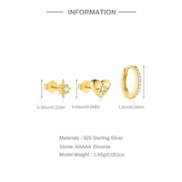 Boucles d'oreilles trois pièces style Ins, luxe léger, en argent sterling S925, avec cœurs, étoiles et lune.
