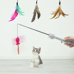इंटरैक्टिव बिल्ली खिलौना 2023 नई डिजाइन डबल उपयोग वापस लेने योग्य बिल्ली छड़ी मछली पकड़ने लेजर कलम के साथ बिल्ली चिढ़ाने खिलौना की छड़ी पंख घंटी