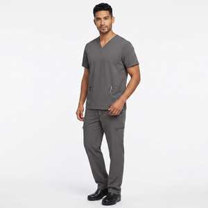 Ensemble de blouses médicales grises pour hommes, haut à col en V avec poches et pantalon cargo, uniformes d'hôpital, tissu tissé en coton et polyester - Product Image 1