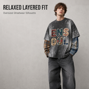T-shirt Oversize da <span class=keywords><strong>Uomo</strong></span> Personalizzata a Doppio Strato a Maniche Lunghe, con Lavaggio Vintage, Applicazioni a <span class=keywords><strong>Quadri</strong></span> e Patchwork, Verniciatura Spray - Product Image 2