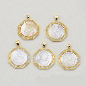 YH2031 Exquise breloque en nacre naturelle sculptée, plaquée or, avec <span class=keywords><strong>camée</strong></span> tête de lion et Vierge Marie, composants de bijoux - Product Image 2