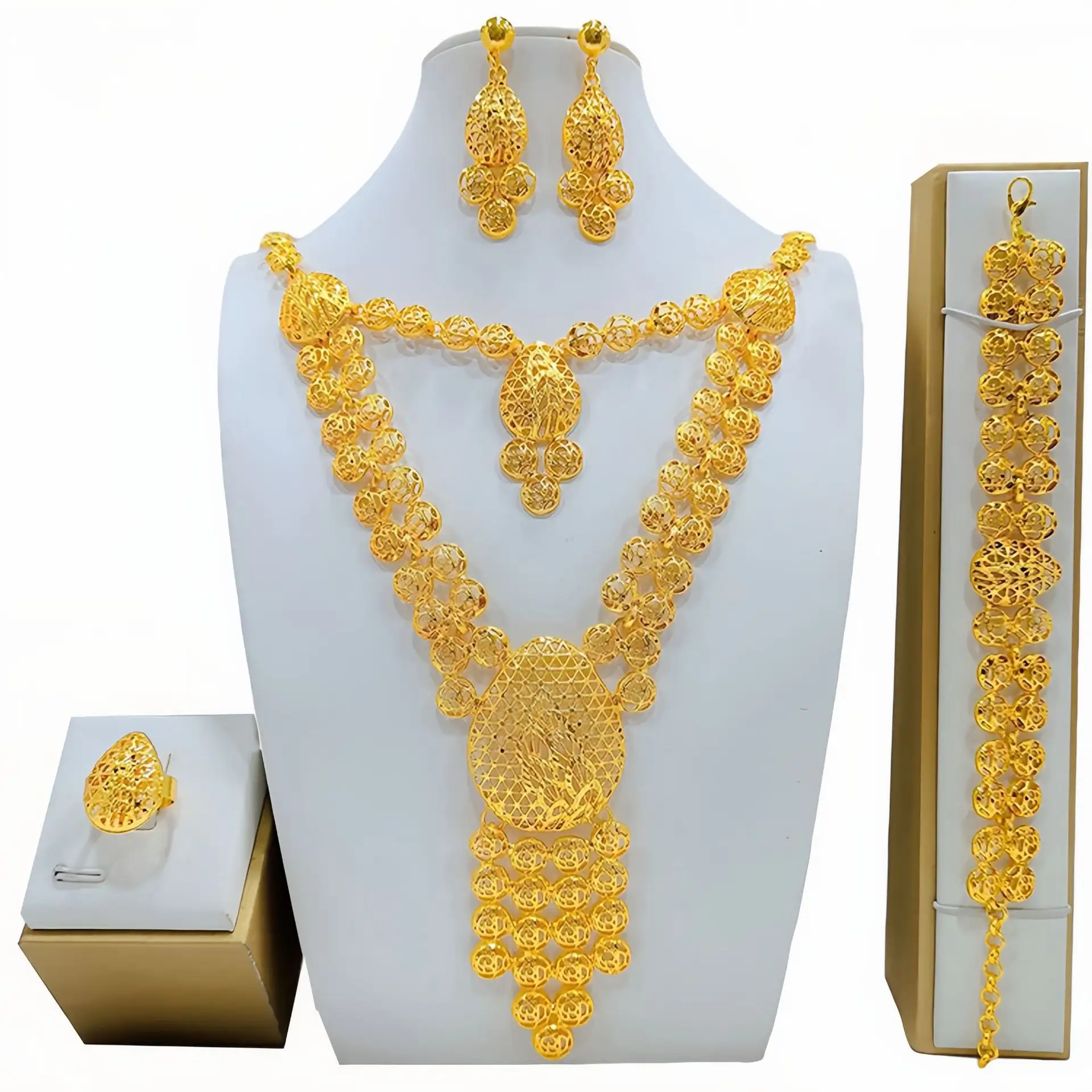 Mode Dubai warna emas Set perhiasan untuk wanita Afrika pernikahan rumbai perhiasan rantai panjang kalung anting gelang Set cincin