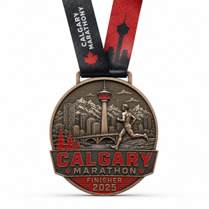 Medalla de Meta Personalizada del Maratón de la Ciudad de Quebec en Aleación de Zinc Dorada 3D, Medallas de Premio de Carrera Chateau Frontenac con Cinta Azul - Product Image 5