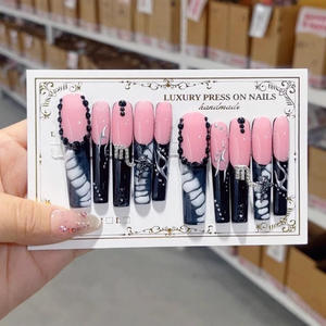 Sra. Miemie 10 Uds <span class=keywords><strong>uñas</strong></span> de prensa hechas a mano de alta calidad red larga rojo nuevo Rosa <span class=keywords><strong>rayas</strong></span> <span class=keywords><strong>negras</strong></span> cuadrado para aplicación de dedos al por mayor - Product Image 3