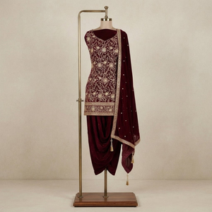 Kurti bordado de color granate para mujer, con pantalones y dupatta a juego, conjunto salwar, ideal para fiestas, bodas y eventos festivos. - Product Image 1