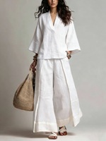 Ensemble Femme Printemps-Été 2026 : Chemise Col V Manches Trois-Quarts Effet Lin et Pantalon Large Color Block
