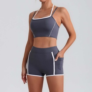 JY Ladies 2 pz Sport Gym abbigliamento sportivo Halther Crop <span class=keywords><strong>Top</strong></span> con imbottitura petto pieghevole vita alta lifting glutei e gonna Yoga set - Product Image 3