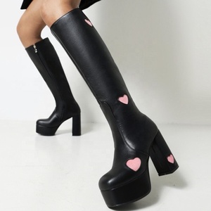 Bottes fantaisie pour filles, forme cœur, bottes d'hiver hautes jusqu'au genou, plateforme, bout carré, talon épais, fermeture éclair latérale, grande taille 43 - Product Image 6