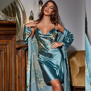 OEM Sexy Lace Nachtwäsche Print Floral Pyjamas Frauen Sexy 2-teilige Sling Nachthemd Loose French Home Braut Robe Set