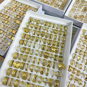 ファッション卸売低価格ステンレス製幾何学模様オープンアジャスタブルリングまとめ売り100個入りボックスリーフフラワーイレギュラーゴールドリング - Product Image 1