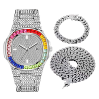 Ensemble de bijoux hip-hop de luxe pour hommes 3pcs Full Iced 13mm Rhinestone Alloy Cuban Chain Necklace Bracelet Watch Quartz Fashion Style