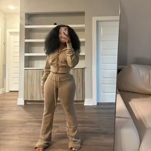 Custom Women Wholesale Vintage 100% Cotton Zip up Tracksuit High Quality Acid Washed <b>Sweatpants</b> Hoodie <b>Set</b> Two Piece <b>Sets</b> - Product Image 1