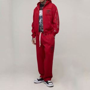 Bright Red Graphic Sleeve Full <b>Zip</b> <b>Hoodie</b> Cargo <b>Pocket</b> Sweatpants Punk Street Custom Men Two Piece Sweatsuit - Product Image 4