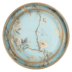 Ensemble de 2 plateaux décoratifs ronds en émail, motif floral d'oiseaux, design traditionnel, bleu clair avec bordure dorée, mariage, multifonctionnels - Product Image 1