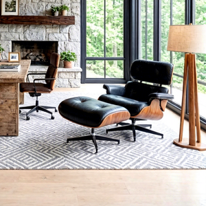 เก้าอี้ห้องนั่งเล่นและห้องนอนระดับไฮเอนด์ พร้อมออตโตมัน เก้าอี้พักผ่อนหนังแท้สีดำทันสมัย พร้อมที่วางเท้า พนักพิงไม้ เหมาะสำหรับล็อบบี้โรงแรม - Product Image 4