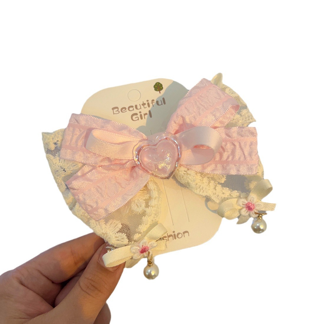 New Girly pink Ribbon Tassel Hair Clips Lolita Cute Mesh Bow