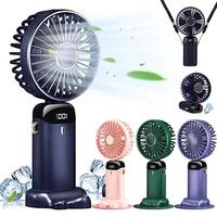 Ventilateur électrique portatif, mini ventilateur pliable à suspendre au cou, 5 vitesses, rechargeable par USB, avec écran LED, 1800mAh