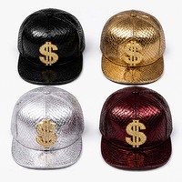 Casquette de baseball de luxe en cuir PU brodé effet peau de serpent, avec décor métallique ajustable en forme de signe dollar doré, style urbain