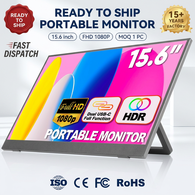 15.6 Inch Portable Monitor 1080P FHD IPS LED Eye Care Screen Stand 180 Adjustable Dual Speakers Type-C USB Business Travel Use