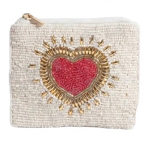 Heart Design Embroidered Handmade Customized <b>Seed</b> Beaded Coin Purse Wallet with Party Accessory Features - Product Image 1