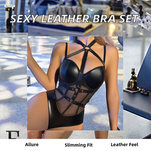 European and American Women's <b>Sexy</b> Strap Leather Sling Sling <b>Set</b> Bodysuits with Stitching Perspective Nightclub Eye Buckle Bra% - Product Image 2
