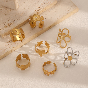 Flower Shape <b>Titanium</b> Steel <b>Ring</b> For Women Hollow Design Gift Jewelry Geometric Pattern TR4485 - Product Image 1