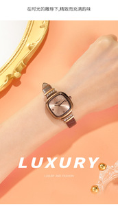 Montre élégante pour femme en or rose, cadran carré, cristaux, bracelet en cuir marron, cadran soleil, montre-bracelet à quartz - Product Image 3