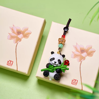 Breloque Panda en Bambou Style Chinois, Pendentif Panda Mignon en Bambou, Porte-clés Tressé Perlé, Boîte Cadeau Lotus, Souvenir