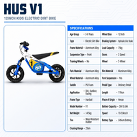 Moto tout-terrain électrique pour enfants, disponible en OEM, 12 pouces, 36V, en alliage d'aluminium, suspension avant, frein hydraulique, 50kg, style course, vente en gros