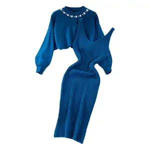 Fashion lady spring new arrival crew neck long sleeve pearl beading jumper and v neck sleeveless dress sweater set