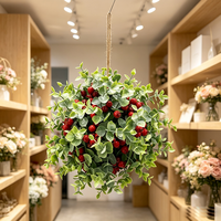 Boule artificielle d'eucalyptus avec baies rouges 30 cm, sphère de verdure artificielle pour décoration de mariage, maison, porche, Noël, boule de feuilles vertes