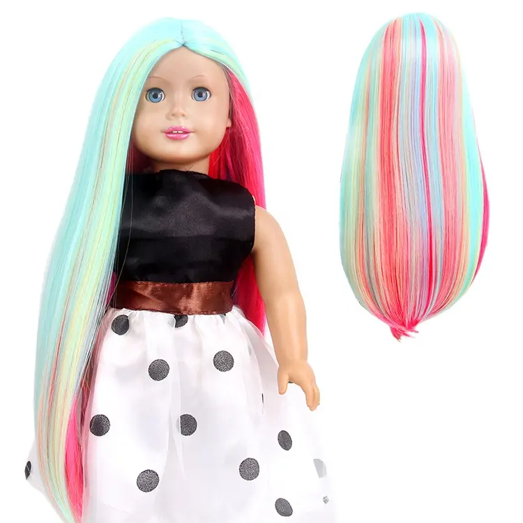 Boneka Wig pelangi 18 inci, Wig boneka gadis Amerika Bjd warna campuran biru kuning merah muda ungu