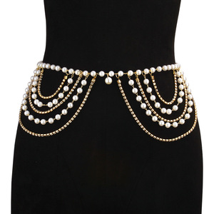 Cadena de cintura de perlas estilo europeo americano, cadena dorada de perlas de imitación, cadena corporal de un solo lazo para fiesta, accesorio de moda. - Product Image 1