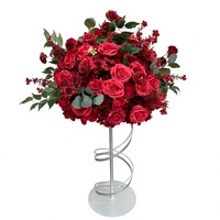 Nouvelle Boule de Roses Rouges de 50 cm pour Décoration de Table de Mariage et Scène, Composition Florale Artificielle en Soie avec Vase