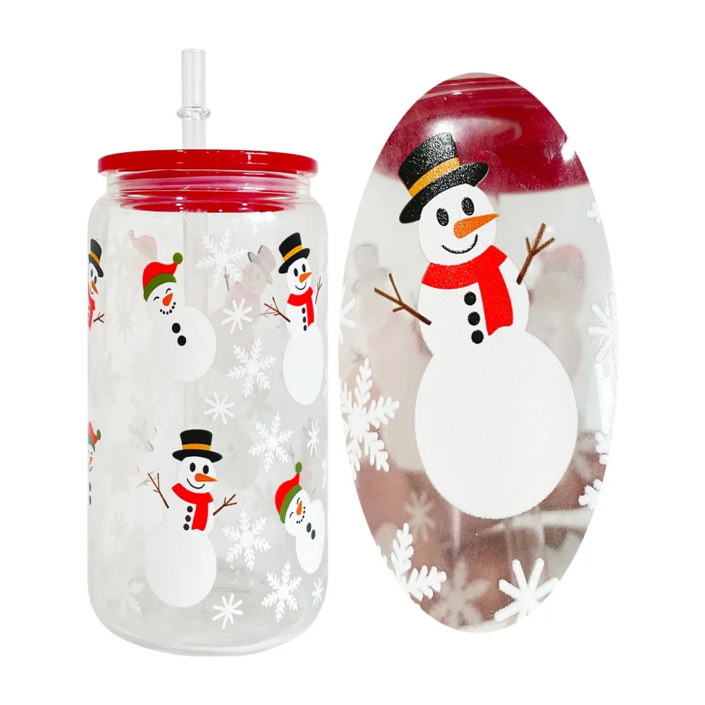 Iridescente cerveja caneca Natal Xmas xadrez santa chapéus meias boneco de neve árvores 16oz Impresso Copo De Vidro Claro Com Tampa