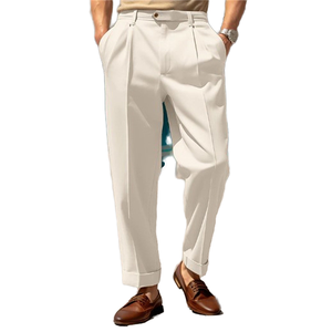 Pantalones de traje formales para hombre, de cintura media, con cremallera, transpirables, de punto, rectos, de color liso, cómodos para el día a día y actividades al aire libre. - Product Image 1