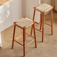 Tabouret de maquillage multifonctionnel en bois massif tressé corde et rotin, style japonais - Meuble de maison polyvalent