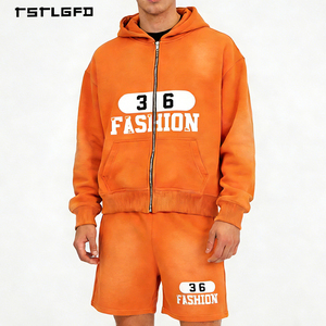 Sudadera con capucha de verano para hombre, personalizada, transpirable, de punto de 480g, con lavado ácido, estilo urbano, corta, vintage, con cremallera, 100% algodón, sin costuras, efecto desgastado por el sol - Product Image 1