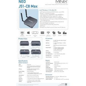 Minix คอมพิวเตอร์ตั้งโต๊ะขนาดเล็ก NEO J51-C8 MAX 8GB/512GB M.2 PCIe NVMe SSD Windows 11 Pro 32GB RAM 64GB อะลูมิเนียม/Wi-Fi6/2.5GB แบบคู่ - Product Image 3