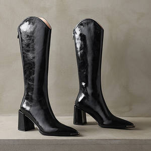 Sepatu bot hak tinggi sepeda motor wanita musim dingin 2025 sepatu bot panjang kulit biji-bijian atas 8cm penutup ritsleting sol karet antiselip - Product Image 3