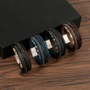 Neues europäisches und amerikanisches stilvolles geflochtenes Leder-Edelstahlverschluss-Herren-Stapler-Armband